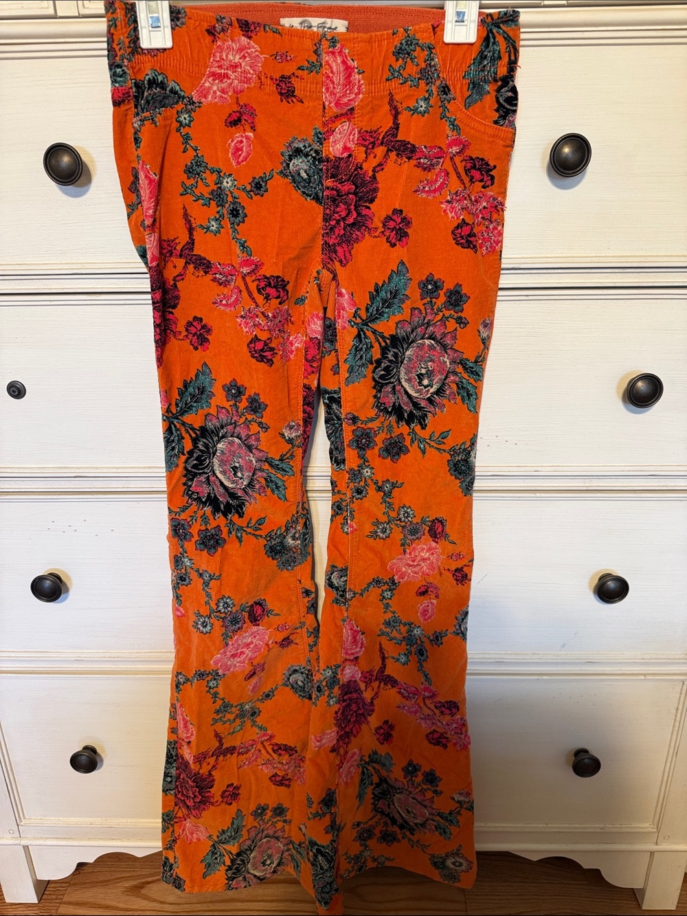 We The Free Orange Floral Wide-Leg Velvet Pants with Pink & Teal Blooms